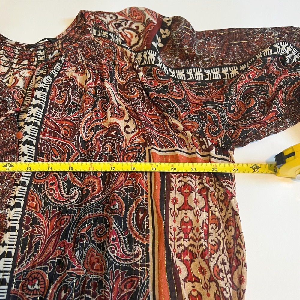 Zara Women L Tie Neck Peasant Blouse Paisley Patchwork Top Burgundy Gold Boho - Picture 8 of 11